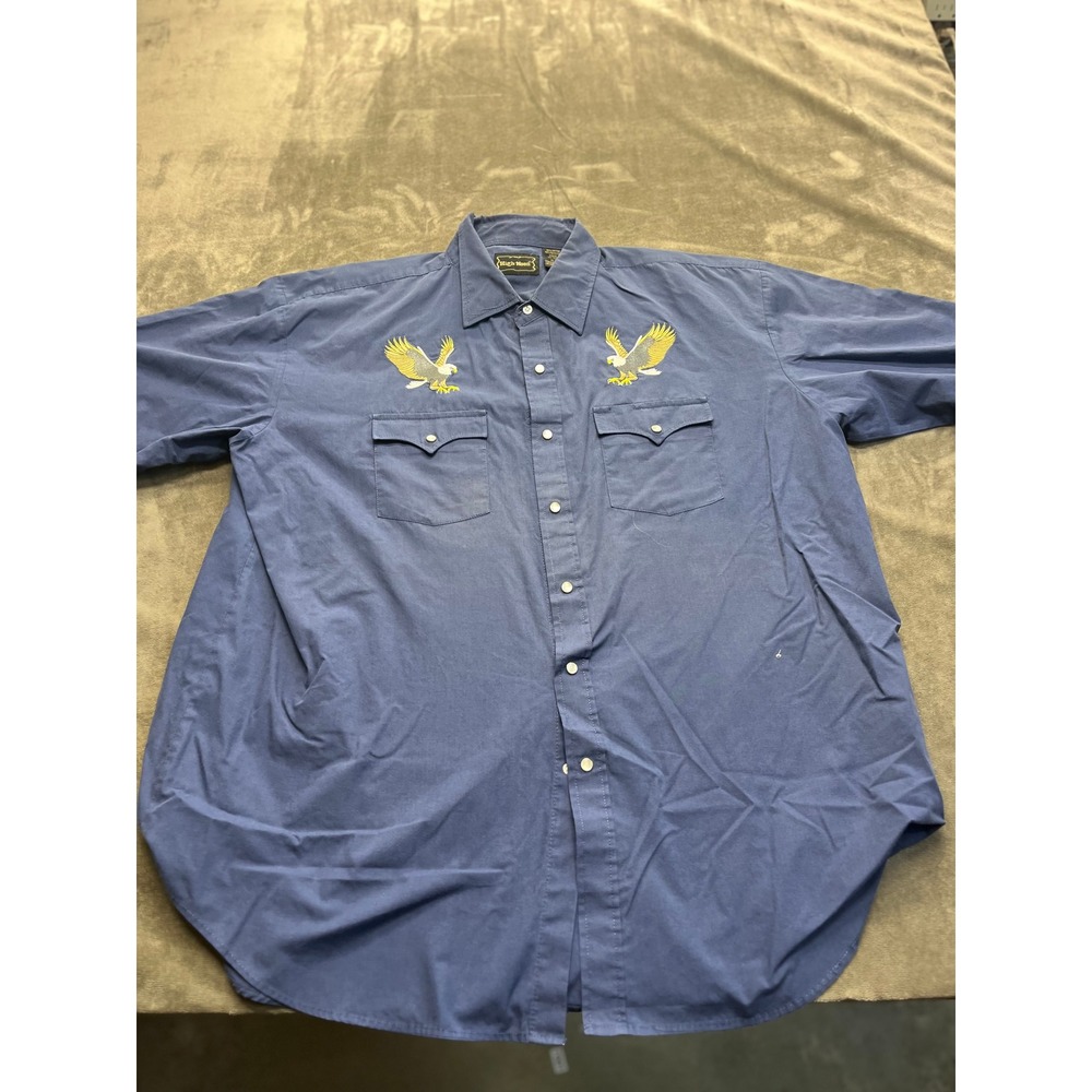High Noon Mens Blue Western Pearl Snap Shirt Embroidered Eagle Short Sleeve XLG